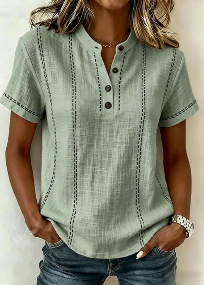 Blusa de Mujer de Manga Corta con Cuello Mao y Escote en V