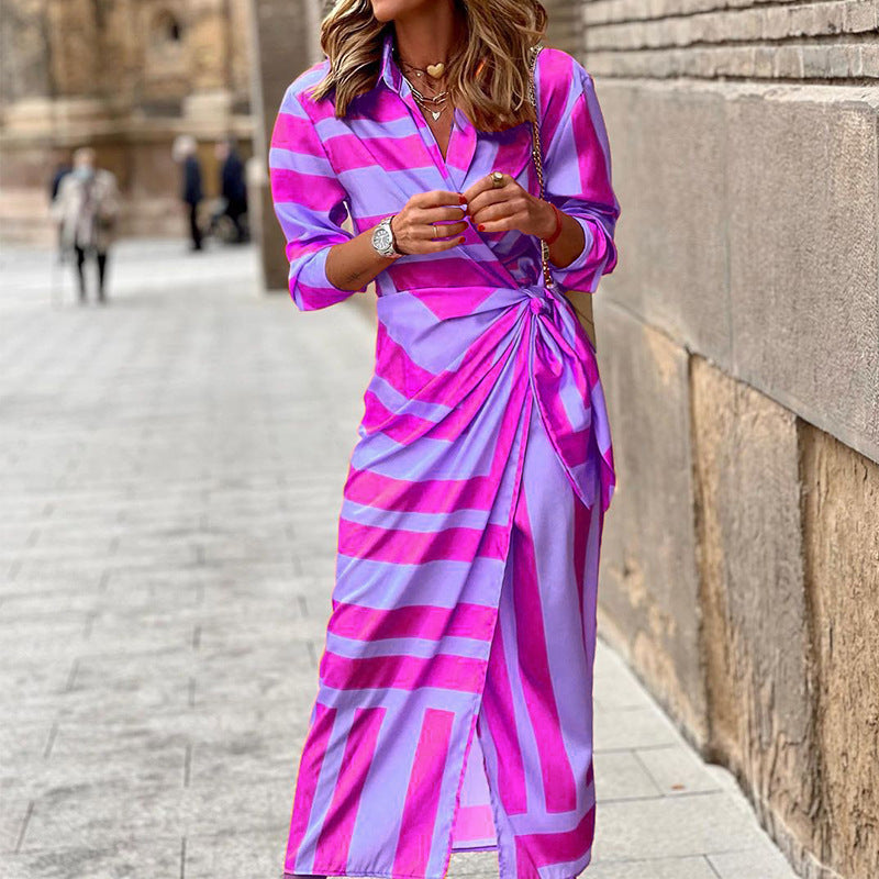 Vestido Largo de Mujer con Estampado de Rayas, Cuello de Camisa y Nudo Frontal - Lila claro