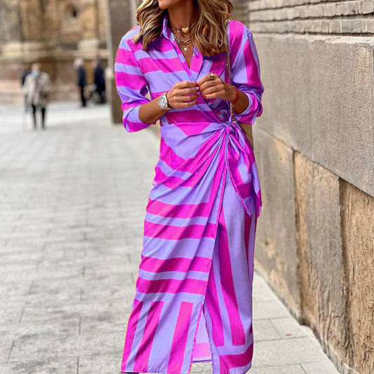 Vestido Largo de Mujer con Estampado de Rayas, Cuello de Camisa y Nudo Frontal - Lila claro
