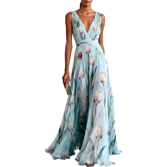 Vestido Largo Mujer Sin Mangas con Escote en V y Estampado Floral Falda Vaporosa