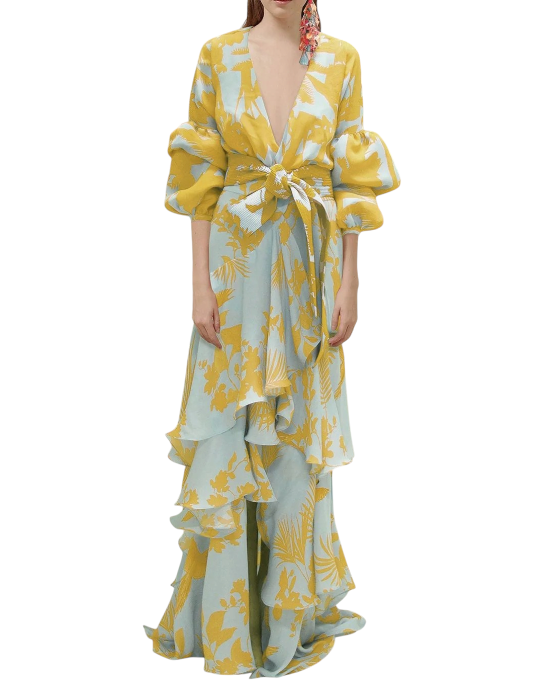 Vestido Largo Cruzado para Mujer con Estampado Floral, Escote en V y Volantes