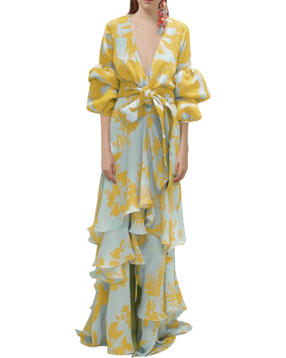 Vestido Largo Cruzado para Mujer con Estampado Floral, Escote en V y Volantes