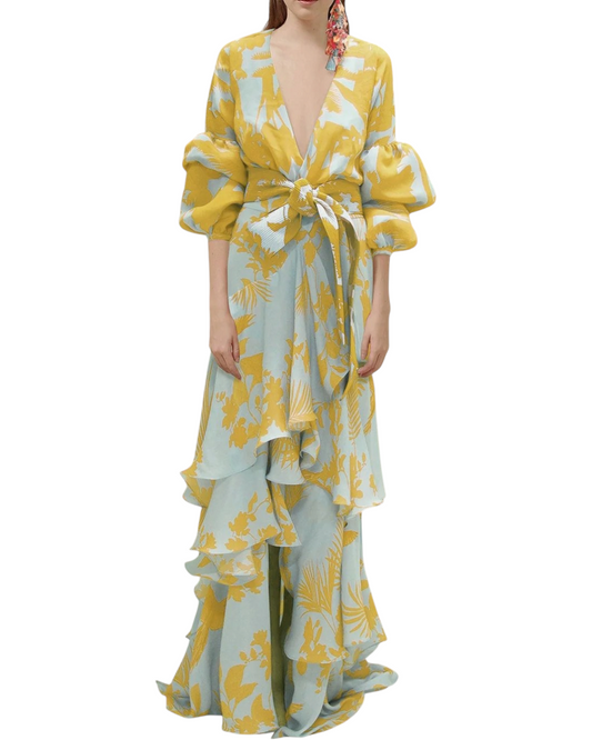 Vestido Largo Cruzado para Mujer con Estampado Floral, Escote en V y Volantes