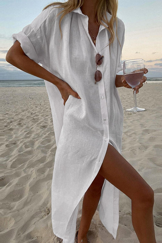 Vestido Midi Mujer Tipo Camisa Corte Amplio Cuello Clásico Manga Corta - Blanco