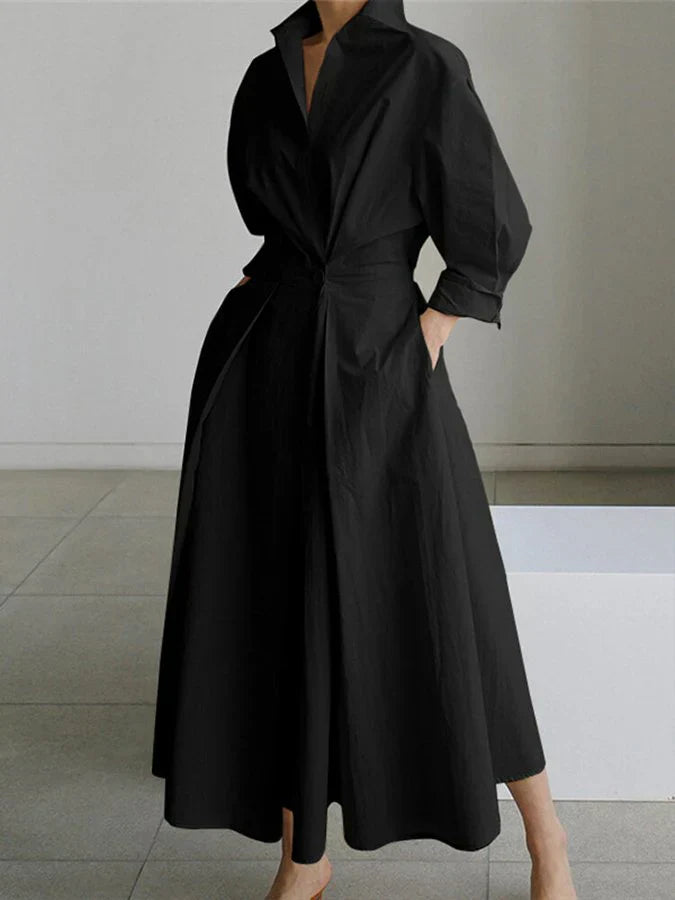 Vestido Midi Mujer Cuello Camisero en V Mangas Tres Cuartos Plisado con Cintura Entallada y Bolsillos