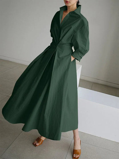 Vestido Midi Mujer Cuello Camisero en V Mangas Tres Cuartos Plisado con Cintura Entallada y Bolsillos