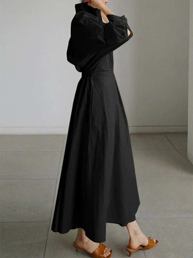 Vestido Midi Mujer Cuello Camisero en V Mangas Tres Cuartos Plisado con Cintura Entallada y Bolsillos