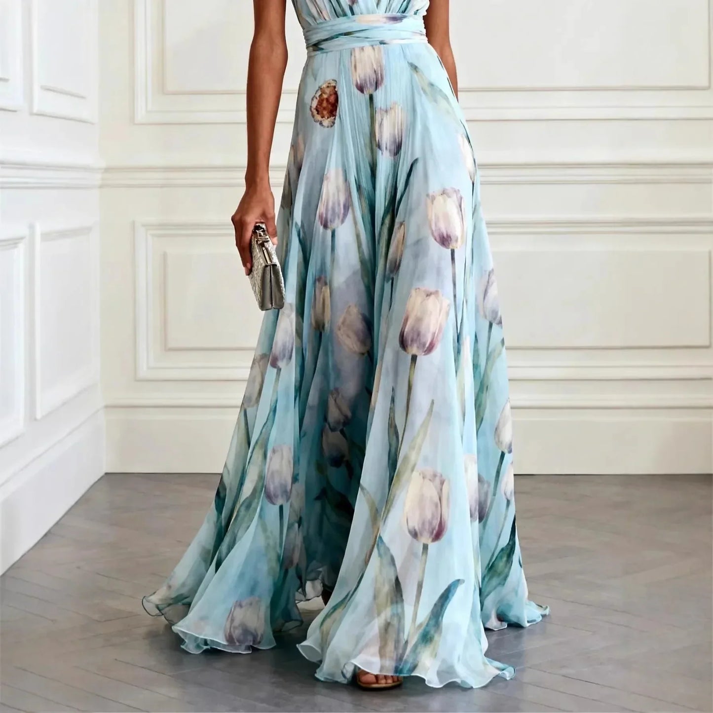 Vestido Largo Mujer Sin Mangas con Escote en V y Estampado Floral Falda Vaporosa