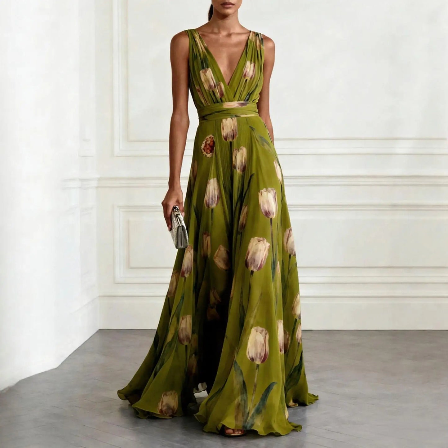 Vestido Largo Mujer Sin Mangas con Escote en V y Estampado Floral Falda Vaporosa