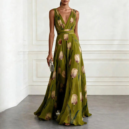 Vestido Largo Mujer Sin Mangas con Escote en V y Estampado Floral Falda Vaporosa