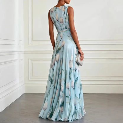 Vestido Largo Mujer Sin Mangas con Escote en V y Estampado Floral Falda Vaporosa