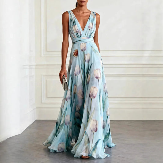 Vestido Largo Mujer Sin Mangas con Escote en V y Estampado Floral Falda Vaporosa - Azul Cielo