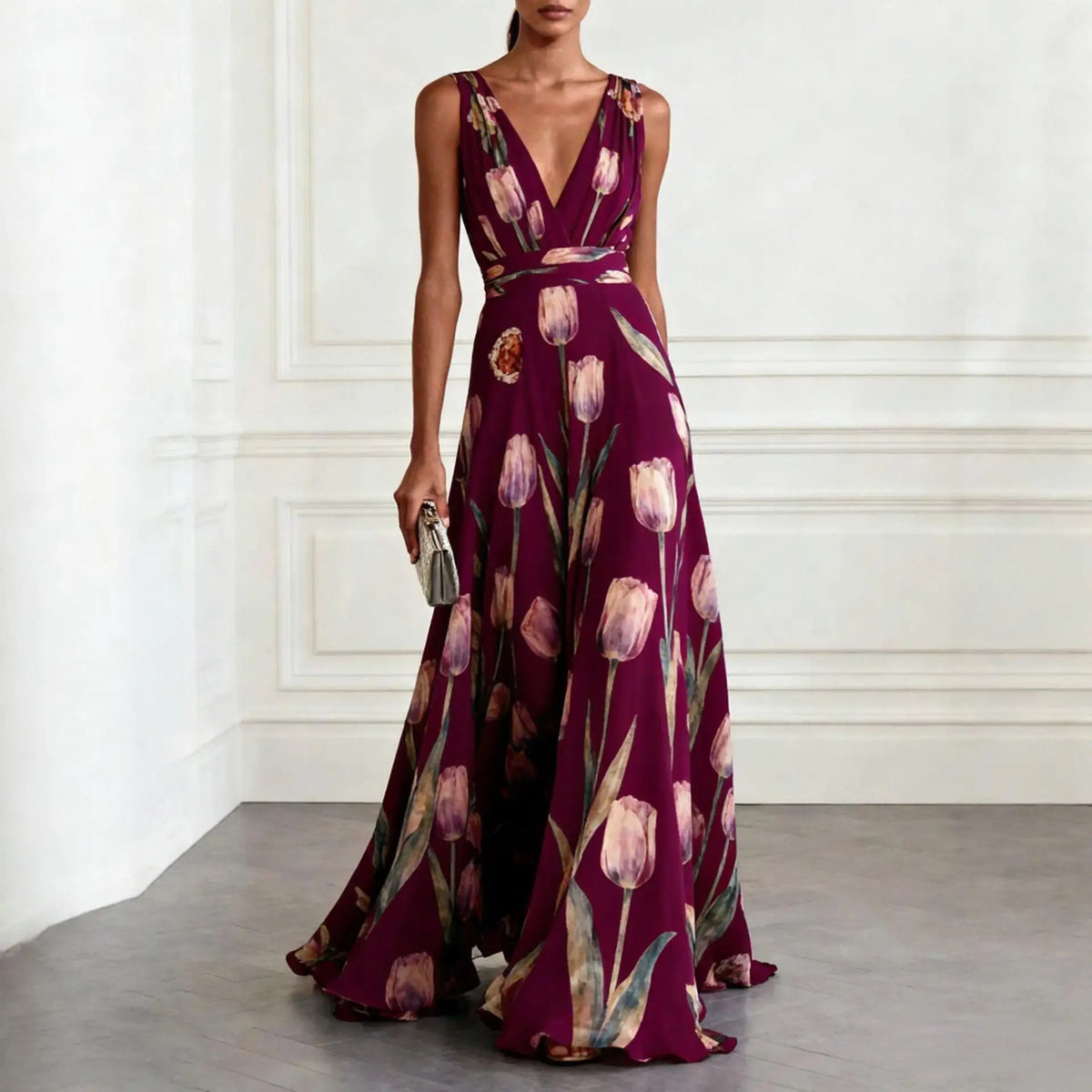 Vestido Largo Mujer Sin Mangas con Escote en V y Estampado Floral Falda Vaporosa - Burdeos