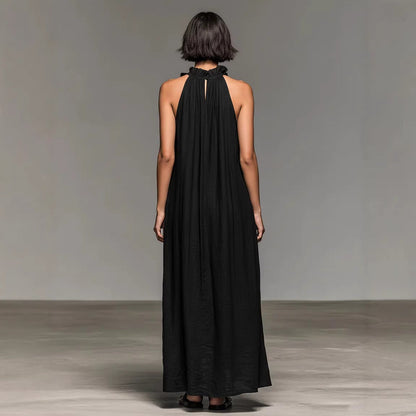 Vestido Largo de Mujer Sin Mangas con Cuello Halter, Espalda Descubierta y Volantes