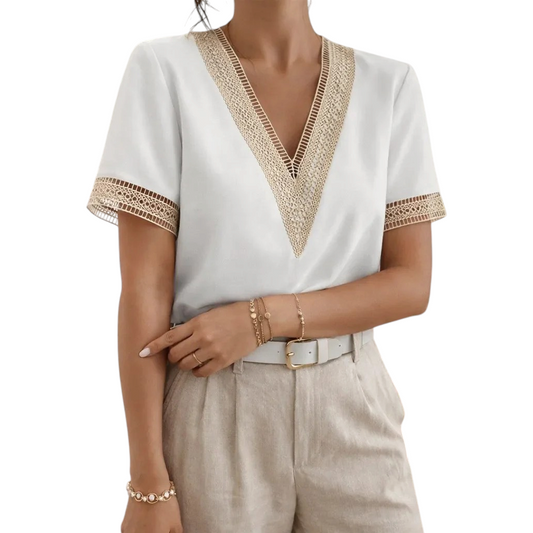 Blusa de Mujer con Cuello en V y Detalles de Encaje