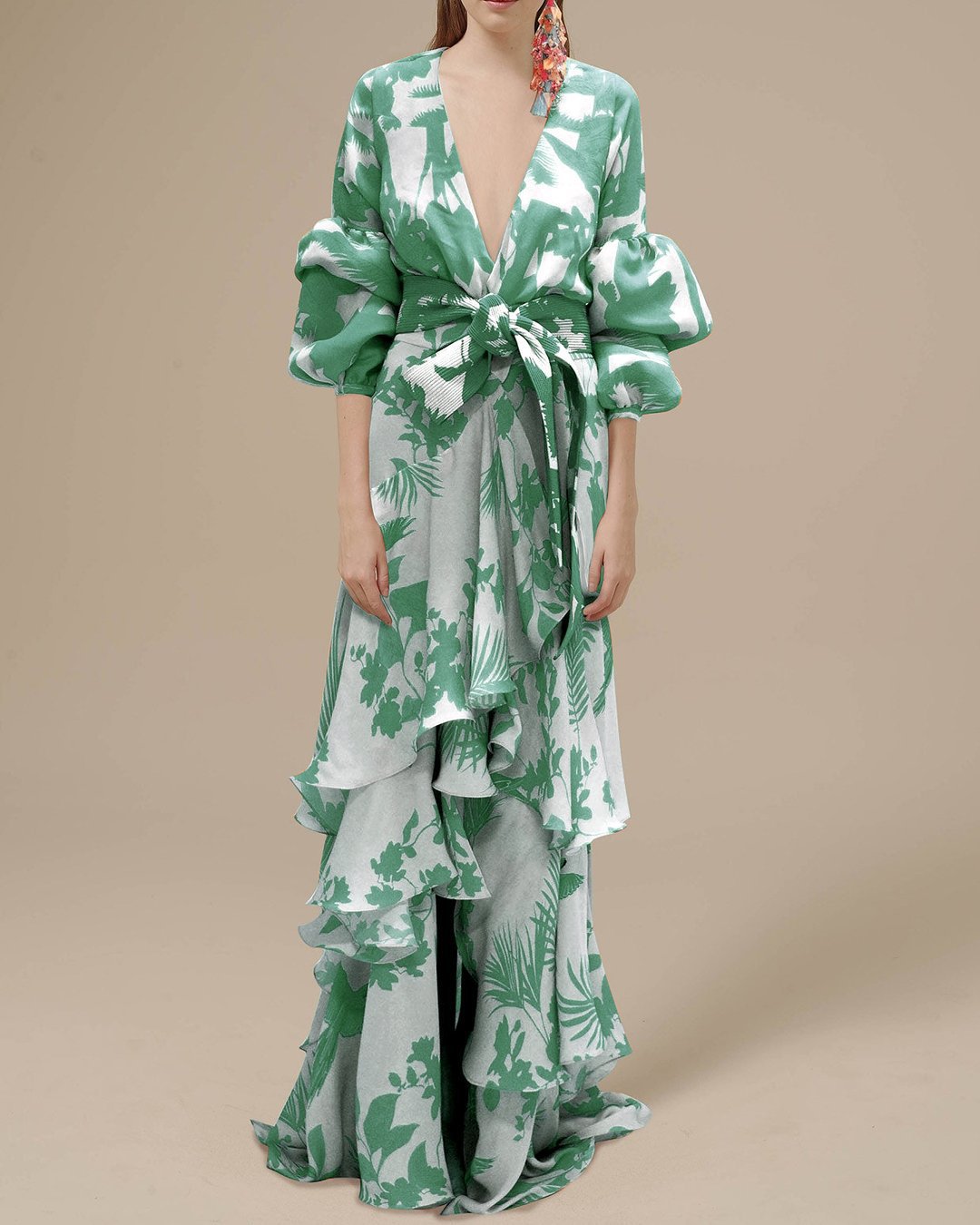 Vestido Largo Cruzado para Mujer con Estampado Floral, Escote en V y Volantes - Verde
