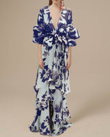Vestido Largo Cruzado para Mujer con Estampado Floral, Escote en V y Volantes