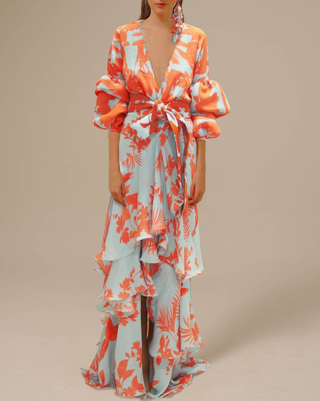 Vestido Largo Cruzado para Mujer con Estampado Floral, Escote en V y Volantes - Naranja