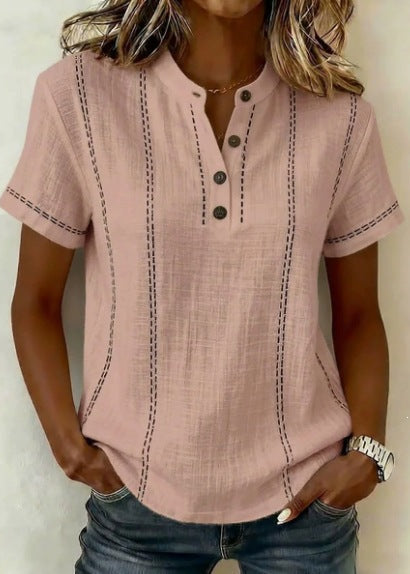 Blusa de Mujer de Manga Corta con Cuello Mao y Escote en V - Rosa