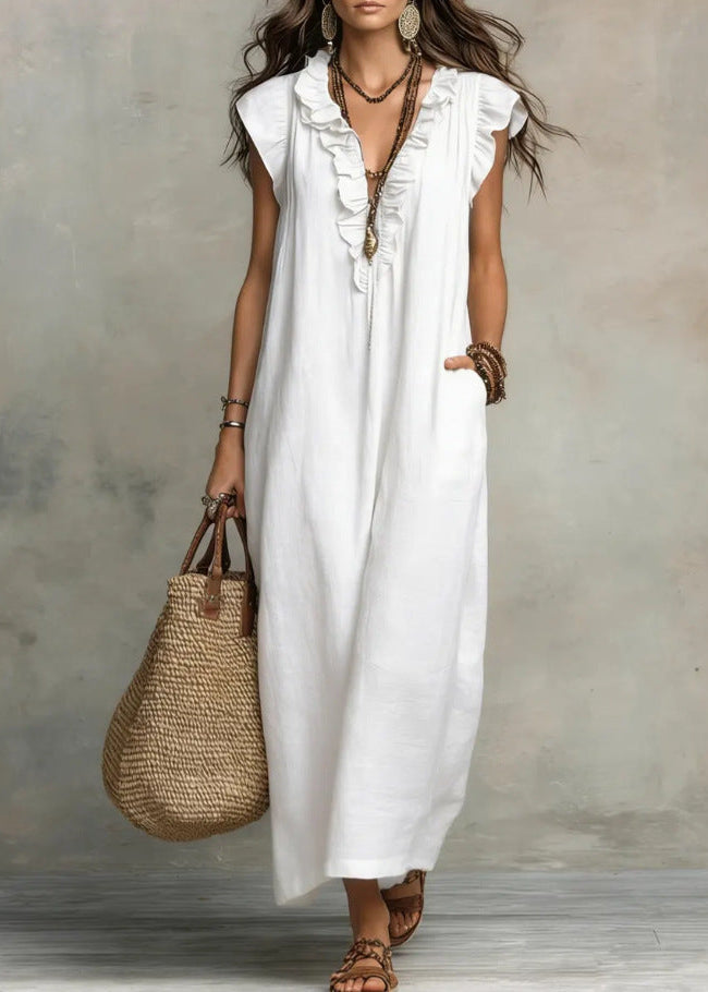 Vestido de Mujer Sin Mangas Línea A con Volantes y Bolsillos Laterales - Blanco