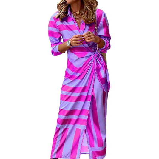 Vestido Largo de Mujer con Estampado de Rayas, Cuello de Camisa y Nudo Frontal