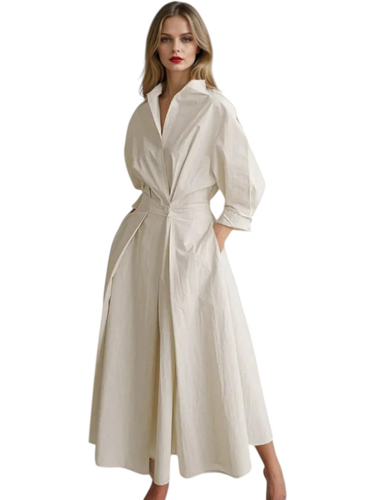 Vestido Midi Mujer Cuello Camisero en V Mangas Tres Cuartos Plisado con Cintura Entallada y Bolsillos