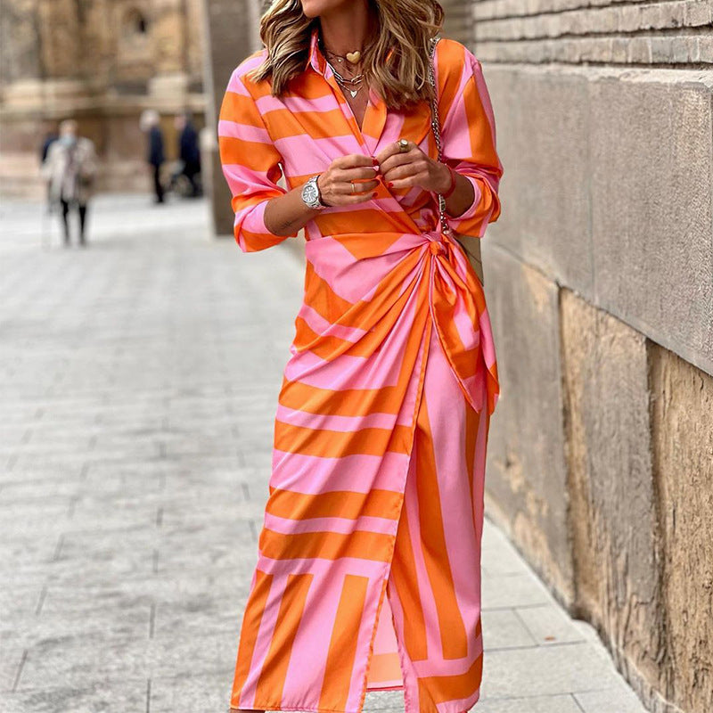 Vestido Largo de Mujer con Estampado de Rayas, Cuello de Camisa y Nudo Frontal - Naranja