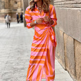 Vestido Largo de Mujer con Estampado de Rayas, Cuello de Camisa y Nudo Frontal