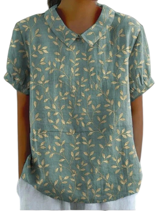 Blusa de Mujer de Manga Corta con Estampado de Hojas y Cuello