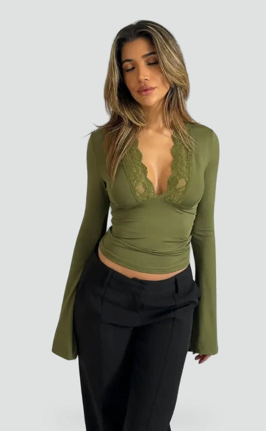 Top de Mujer Manga Larga con Escote en V de Encaje - Verde oliva