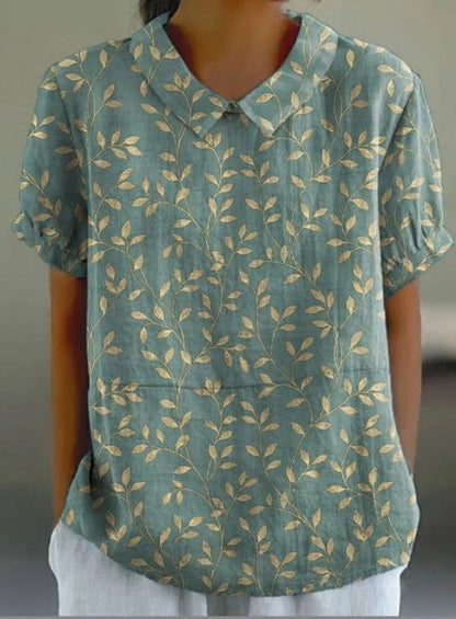 Blusa de Mujer de Manga Corta con Estampado de Hojas y Cuello