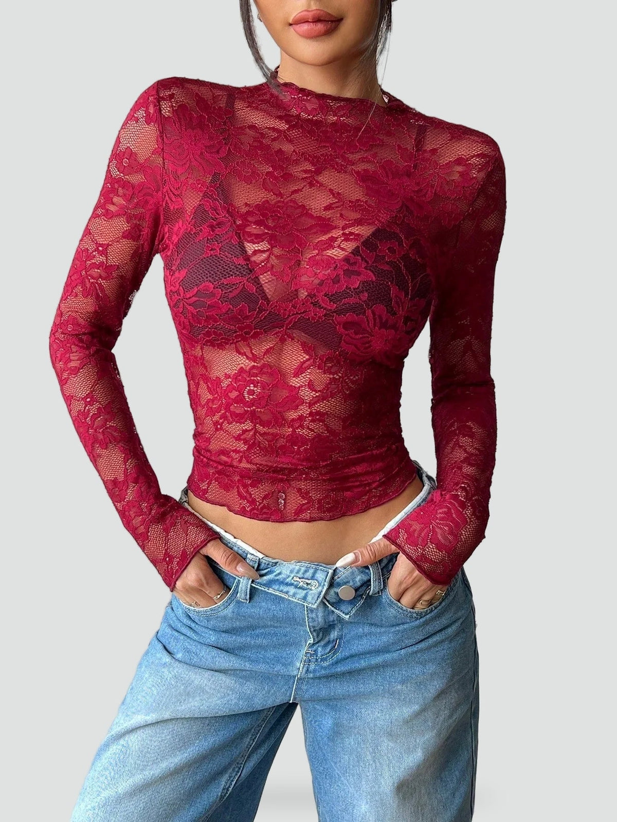 Blusa de Mujer de Encaje Floral Transparente con Manga Larga - Burdeos