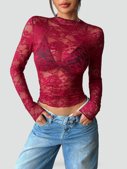 Blusa de Mujer de Encaje Floral Transparente con Manga Larga