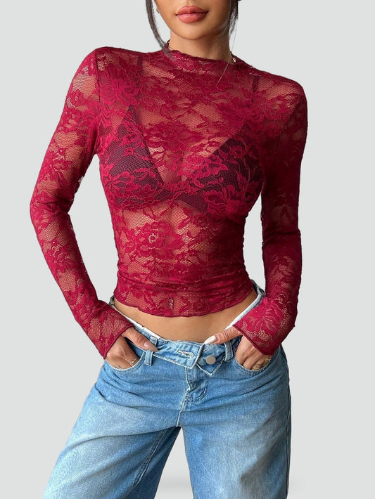 Blusa de Mujer de Encaje Floral Transparente con Manga Larga - Burdeos