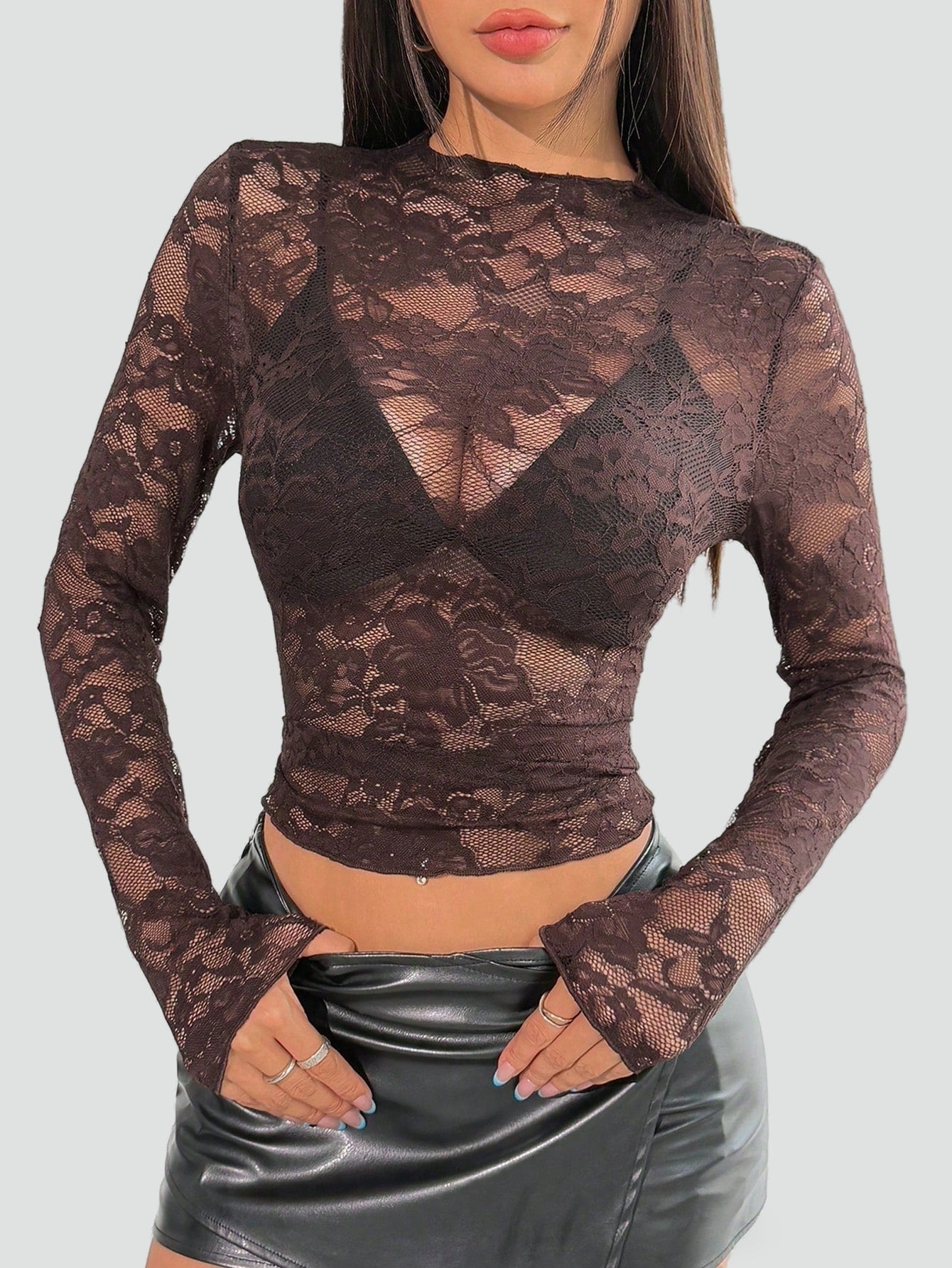 Blusa de Mujer de Encaje Floral Transparente con Manga Larga