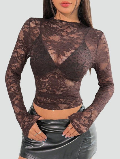 Blusa de Mujer de Encaje Floral Transparente con Manga Larga