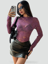 Blusa de Mujer de Encaje Floral Transparente con Manga Larga