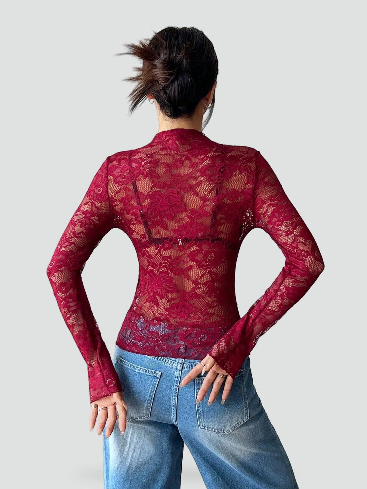 Blusa de Mujer de Encaje Floral Transparente con Manga Larga