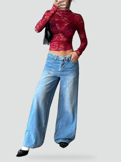 Blusa de Mujer de Encaje Floral Transparente con Manga Larga