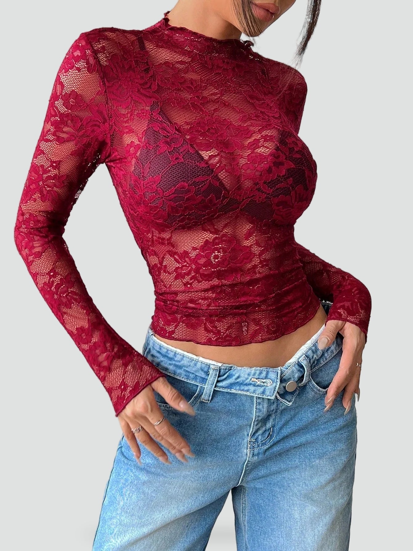 Blusa de Mujer de Encaje Floral Transparente con Manga Larga