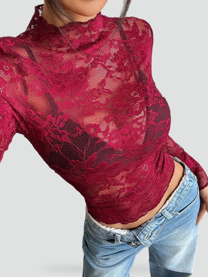 Blusa de Mujer de Encaje Floral Transparente con Manga Larga