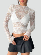 Blusa de Mujer de Encaje Floral Transparente con Manga Larga