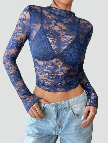 Blusa de Mujer de Encaje Floral Transparente con Manga Larga