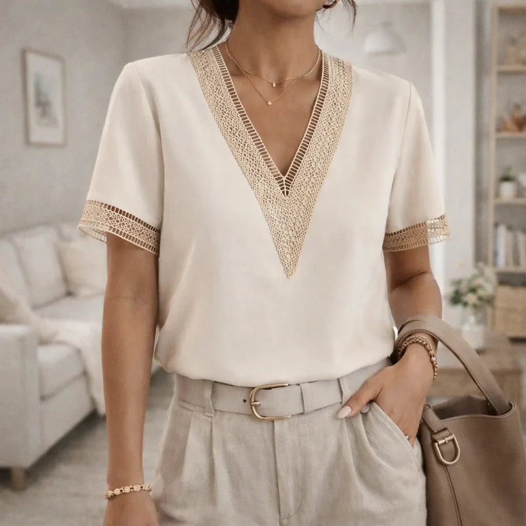 Blusa de Mujer con Cuello en V y Detalles de Encaje