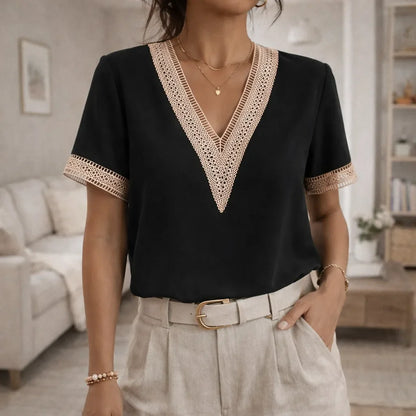 Blusa de Mujer con Cuello en V y Detalles de Encaje