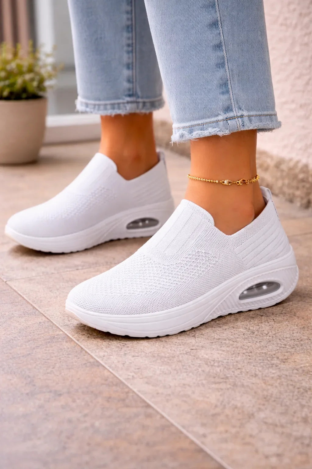 Zapatillas Slip-On de Punto para Mujer con Suela de Cámara de Aire - Blanco