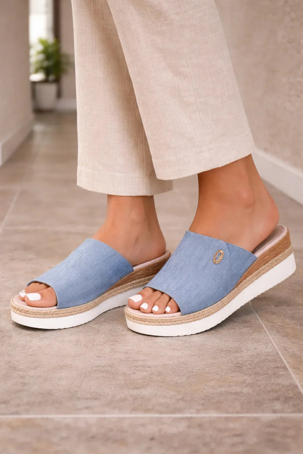 Sandalias de Mujer con Punta Abierta y Suela Plataforma Estilo Espadrilla - Azul real