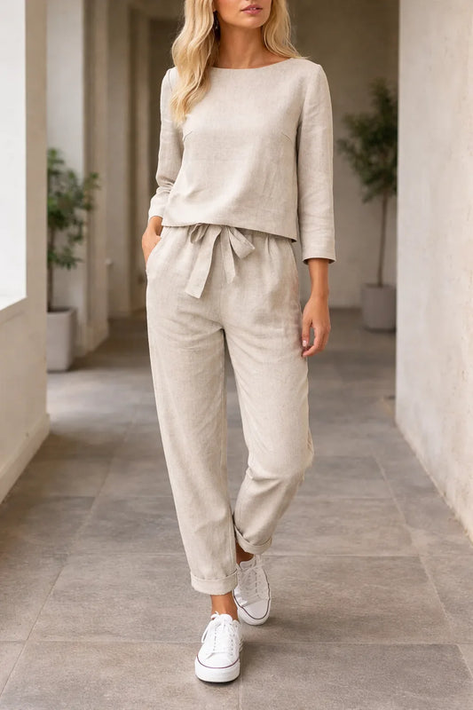 Conjunto de Dos Piezas para Mujer con Top de Manga Larga y Pantalón de Talle Alto con Cinturón