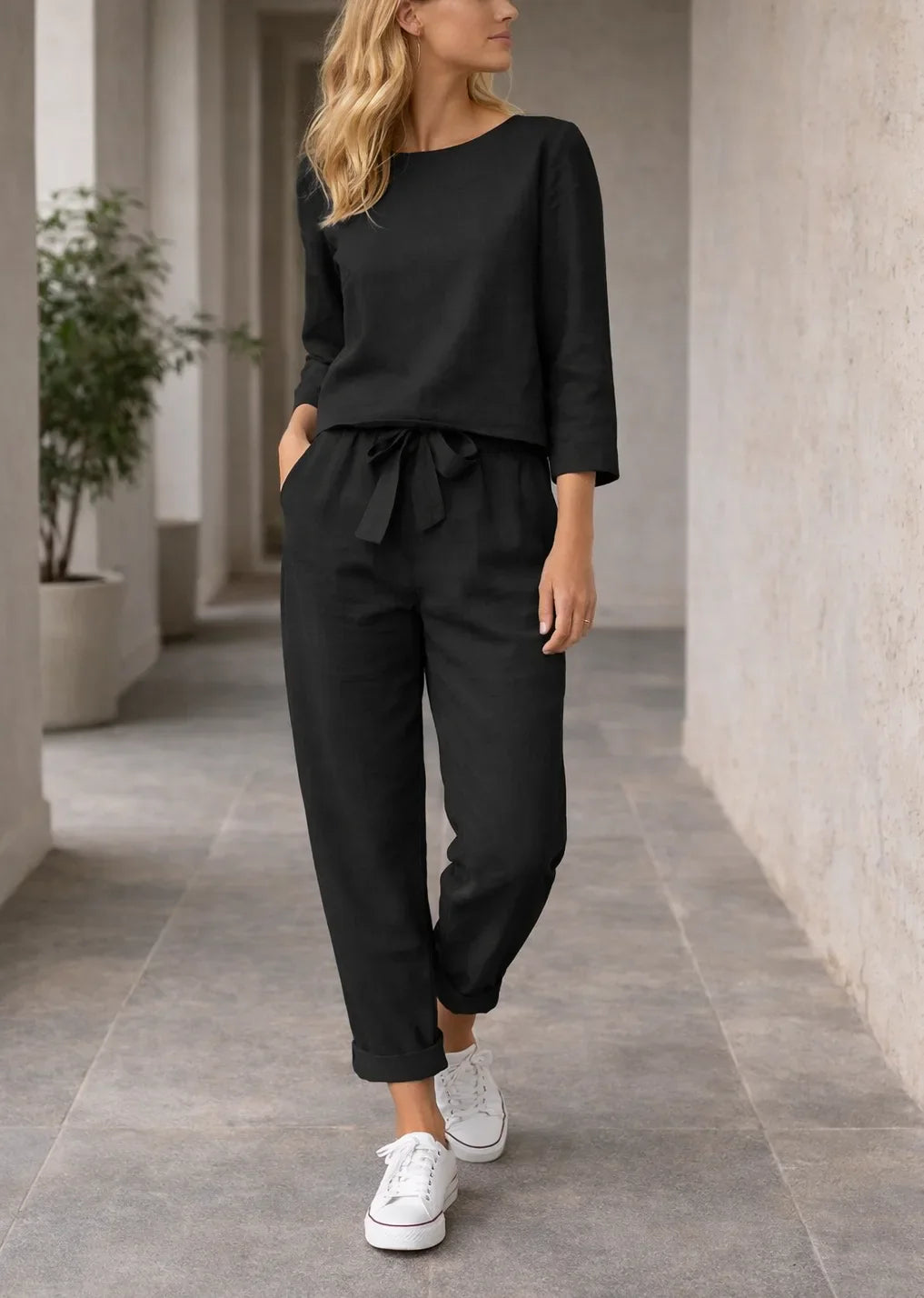 Conjunto de Dos Piezas para Mujer con Top de Manga Larga y Pantalón de Talle Alto con Cinturón