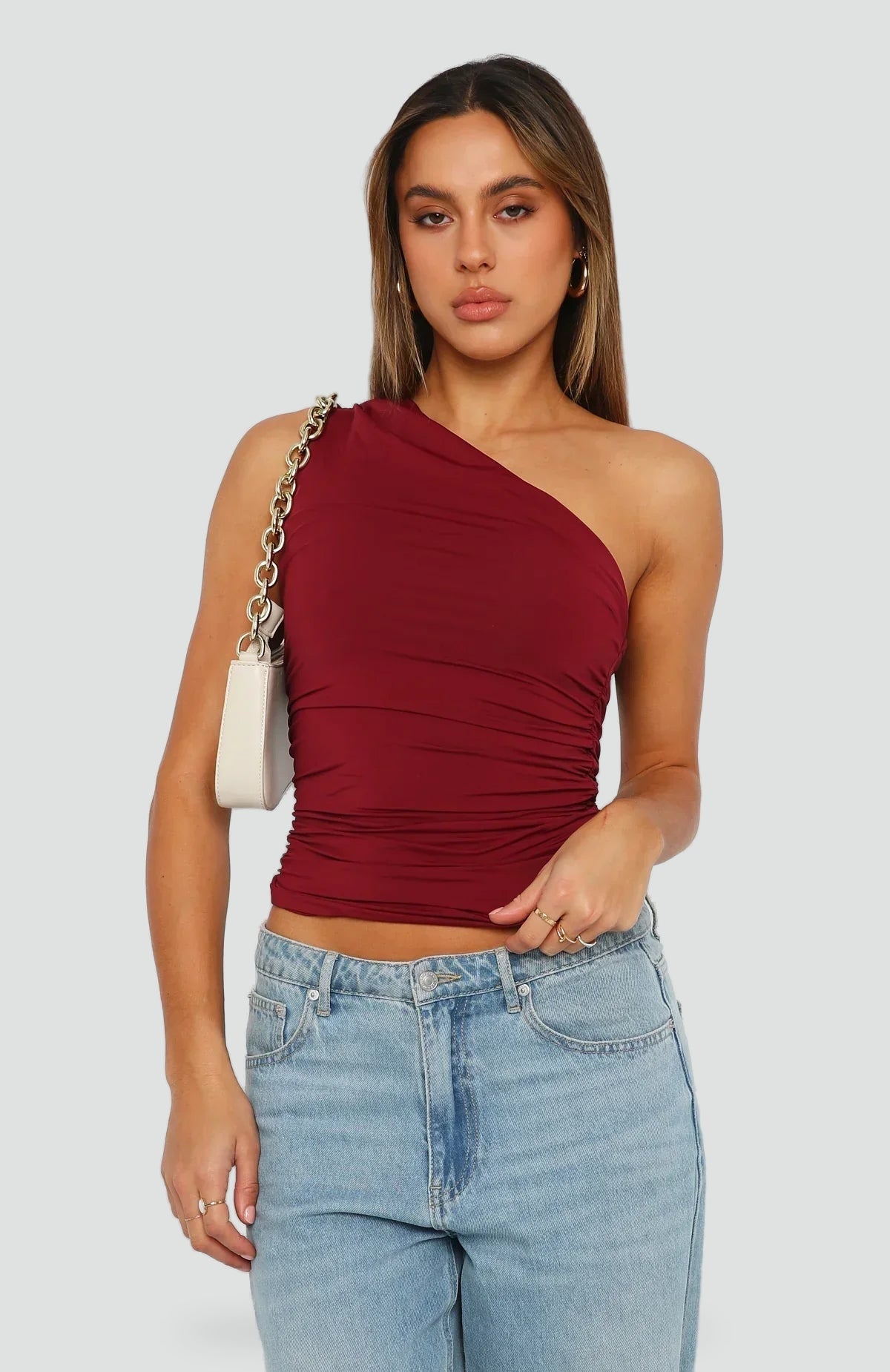 Top Mujer Asimétrico de Un Solo Hombro con Fruncidos - Rojo